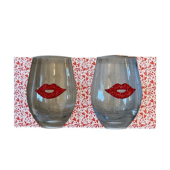 Valentines Jeweled Rhinestone Red Lips Stemless Wine Glasses Set of 2 New - Picture 1 of 15